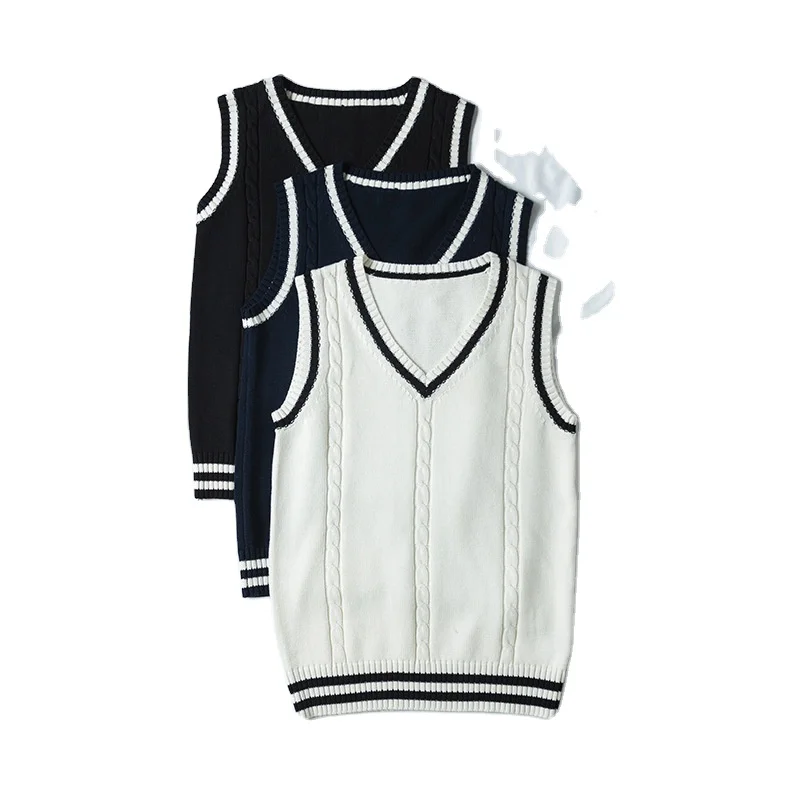 100% Cotton Preppy Chic V-Neck Pullover Vest Sweater Solid Color New School Uniform Knitwear for Men Custom Manufacturer