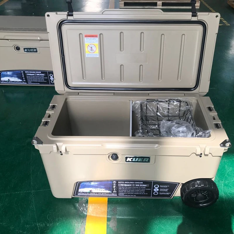 Top selling large size 70QT wheeled ice chest fishing cooler box large size Rotomolded Ice chest box coolers with wheels