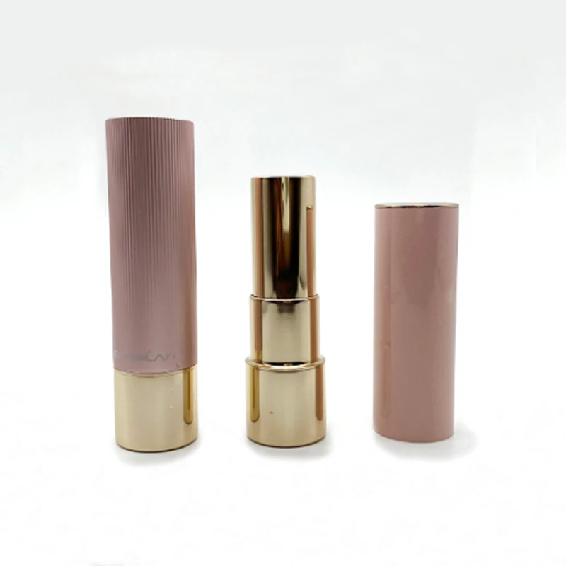 Empty pink gold round lipstick tube vertical fine Stripe three parts additional top metal piece flat inner tube click top tube