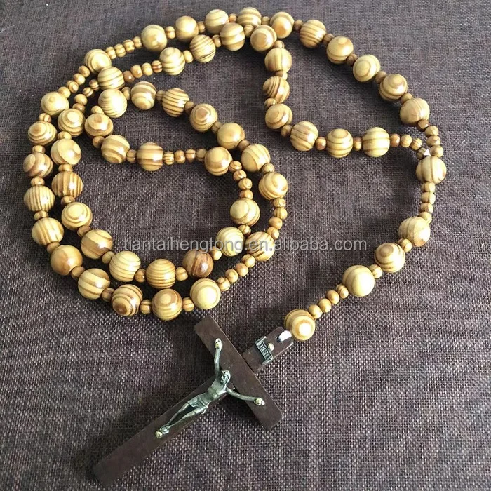 Giant Big Beads Rosario Natural Wood bead Chain Jesus Cross faux olive wood bead oversized Wall rosary