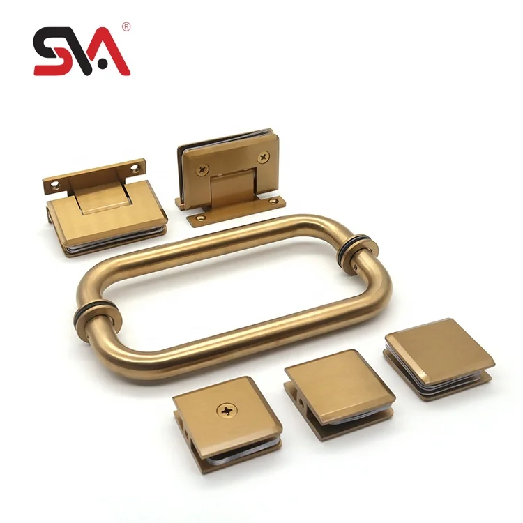 SVA-9006 Satin Gold CRL Beveled 90 Degree Solid Brass Shower Glass Door Hinge Clamp and Stainless Steel Door Pull Handle Set