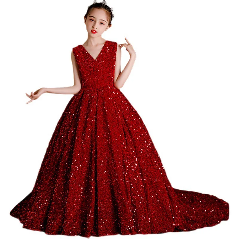Высококачественное красное платье принцессы без рукавов с блестками