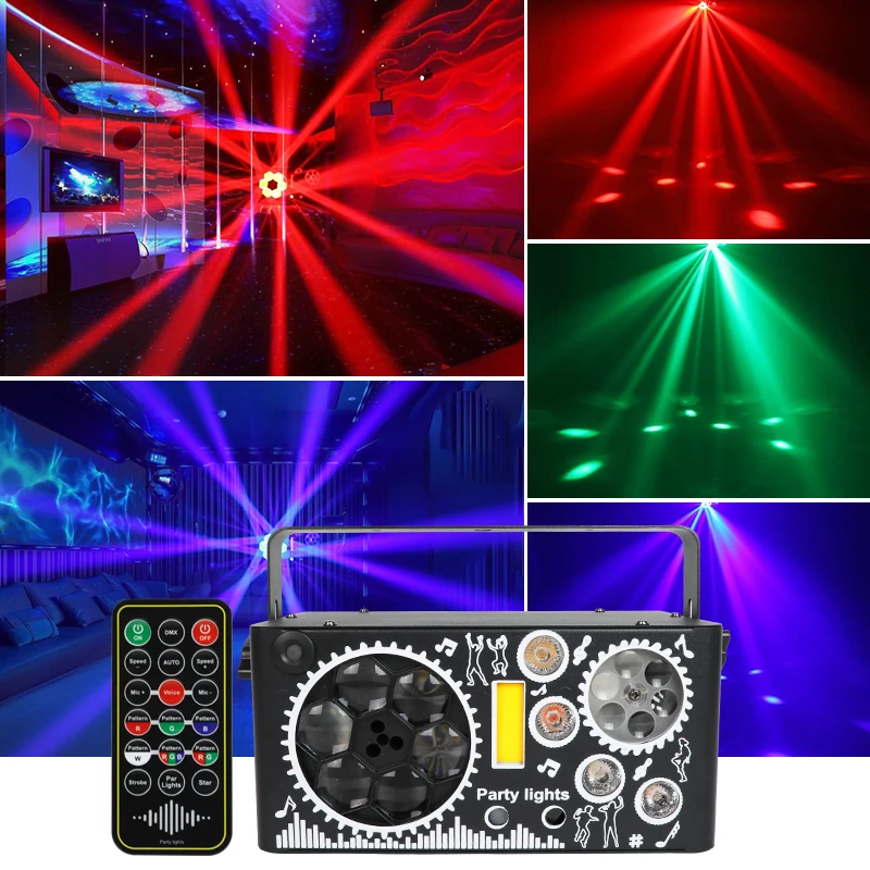 Update 7 In 1 Mixed Effect DMX Sound Activated Laser Lights DJ Disco Gobo RGBW UV Strobe Party Lights Indoor Rave Club Lighting