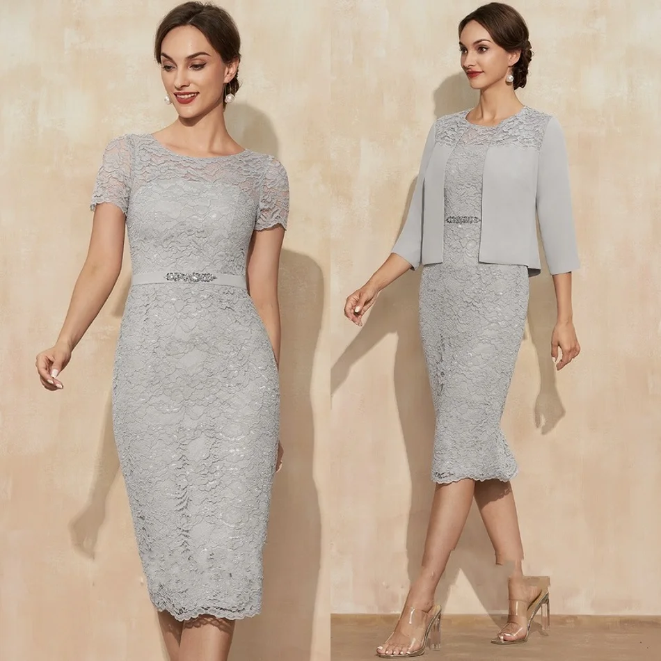 Ingots 2022 Elegant Silver Scoop Neck Knee-Length Mother Suits Chiffon Lace of Bride Dress With Beading Short PromOther Ingots