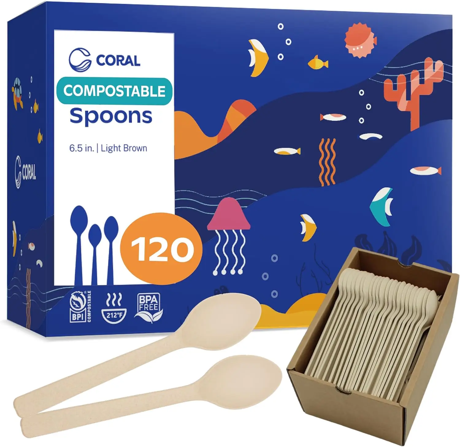 Coral 100% Compostable Heavy Duty Disposable Cutlery 120 No Plastic Spoons 6.5 Inch Break-Resistant Smooth Edges Ocean Friendly
