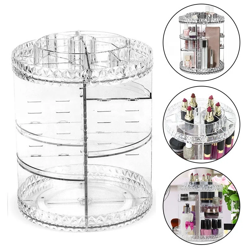 Wholesale diamond surface  PS  cosmetic display rack acrylic 360 rotating makeup organizer
