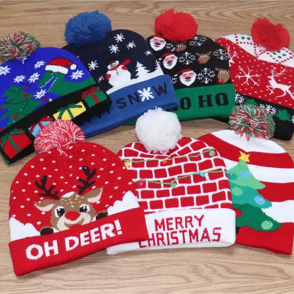 Custom Red Knit Funny Santa Party Christmas Hat Light 2024 Baby Kids Led Christmas Beanie Hats With Lights