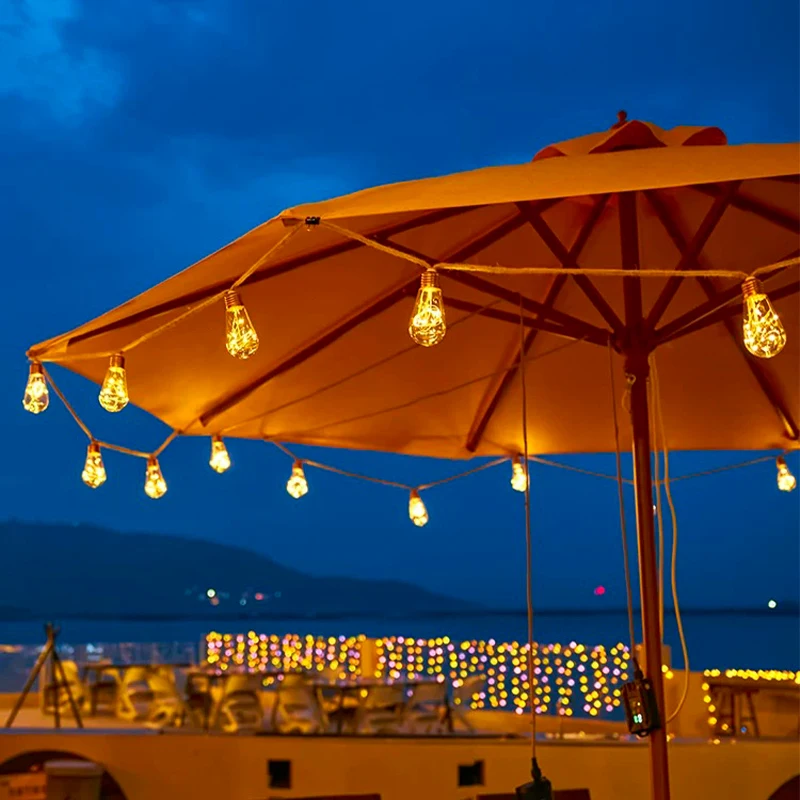 Outdoor Waterproof Warm White Full Star Copper Wire String Lights Solar Powered Patio Restaurant Bar Hemp Rope Elegant Style