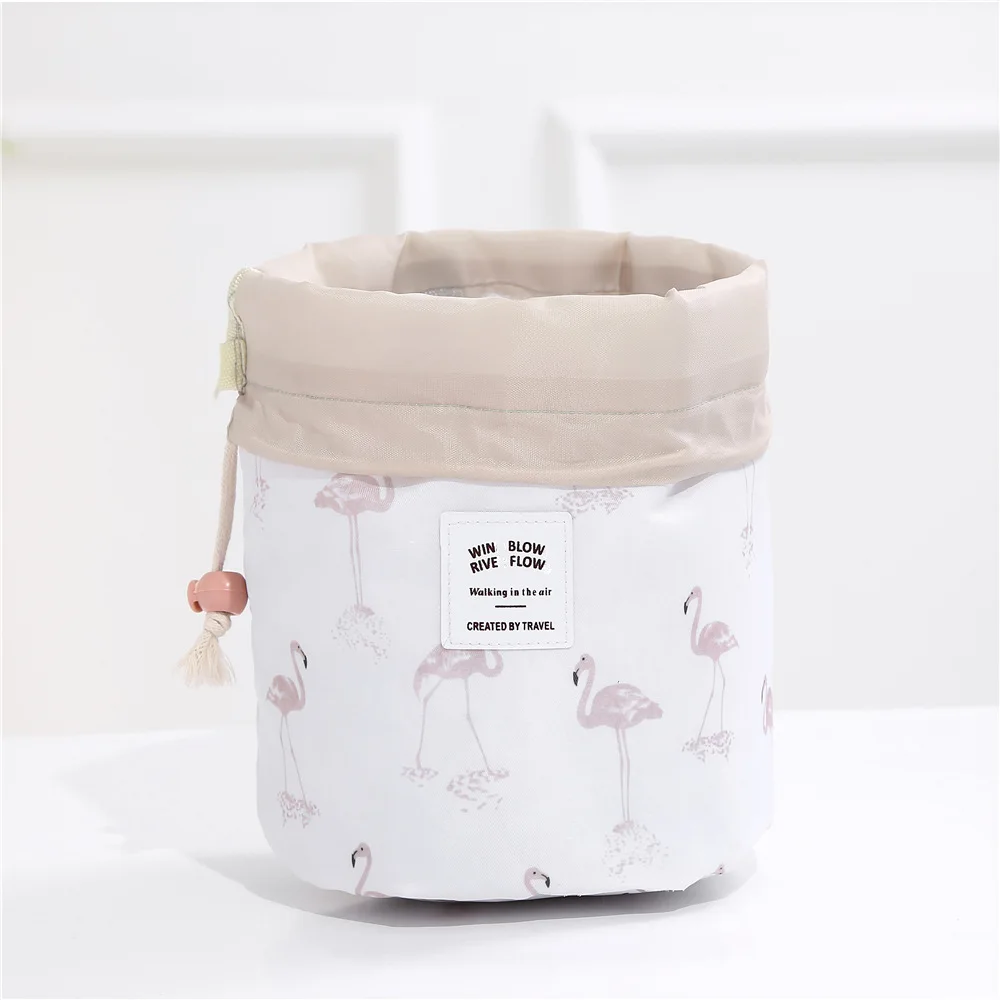 Fashion Barrel Shape Drawstring Toiletry Pouch Bag Printing Oxford Travel Beauty Cosmetic Kit Accessory Makeup Storage Bag