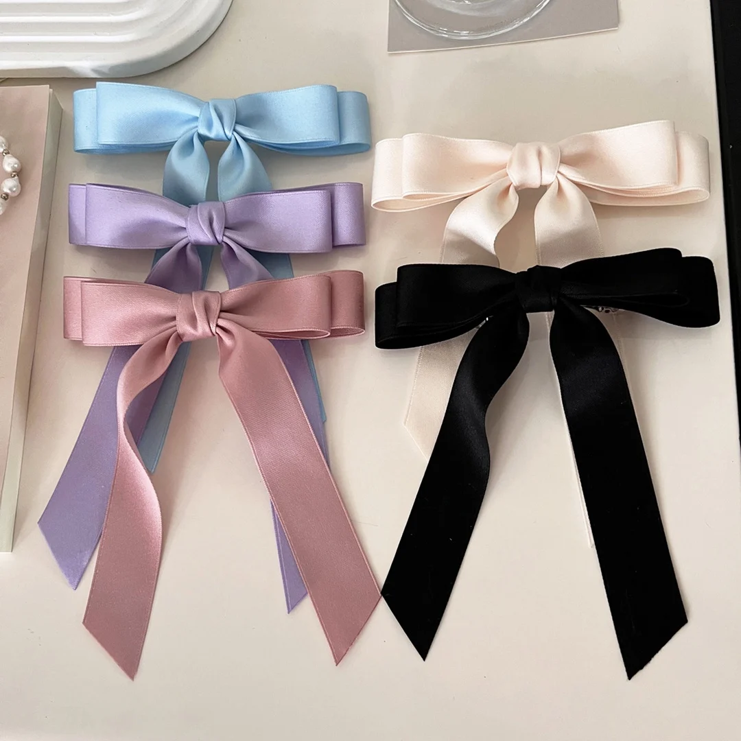 Fashion Women Hair Accessories simple hair bow clip with long tail Sweet elegant hair grips satin ribbon bow barrettes