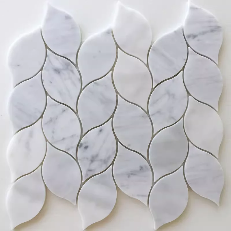 White marble mosaic tile waterjet marble willow leaf stone mosaic bianco carrarra with grey dots inlay bath tiles wall