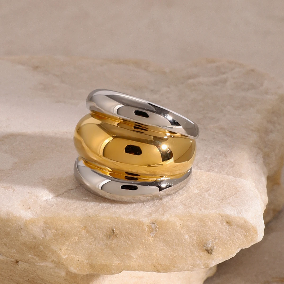 J&D Two-Tone Layered Ribbed Ring 18k Stainless Steel Chunky Gold Silver Mixed Design Rings