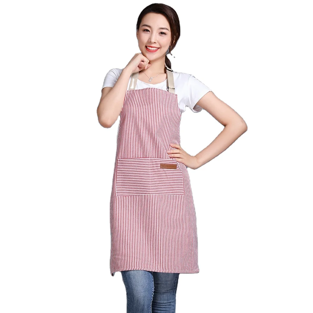 Custom Soft Stripe Arpenter Cheap Washed Cotton Linen Kitchen Apron For Women Chef Apron