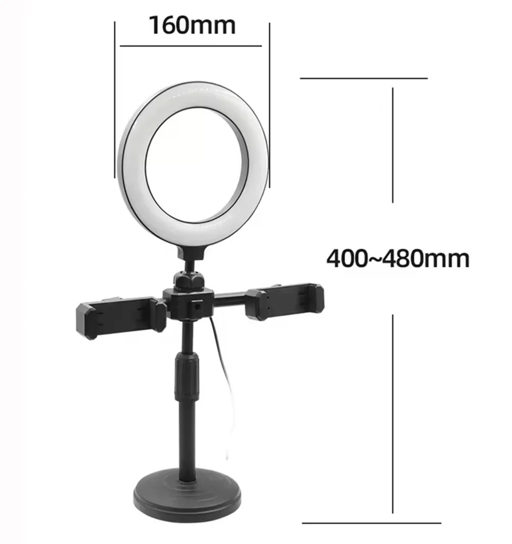 16CM 6-Inch Wired Ring Fill Light Beauty LED Live Streaming Dual Mobile Clip Phone Holder Table Desktop CellPhone Stand PC