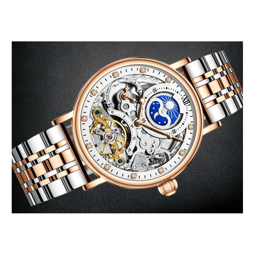 Custom all stainless steel  two time zone men automatic wrist watches