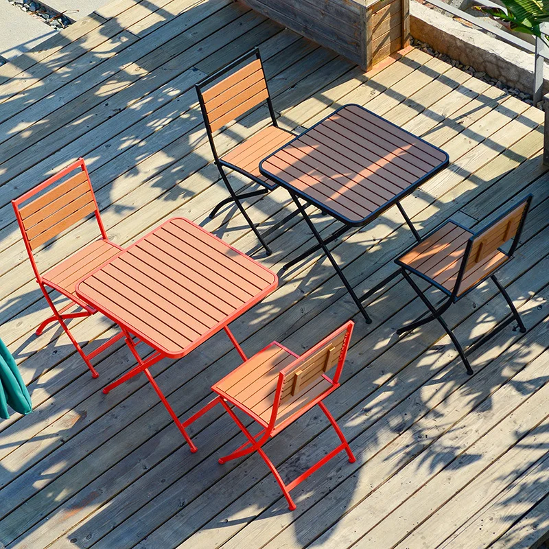 Wholesale Spot Outdoor Folding Plastic Wood Table And Chair Combination Leisure Outside Wrought Iron Table And Chair