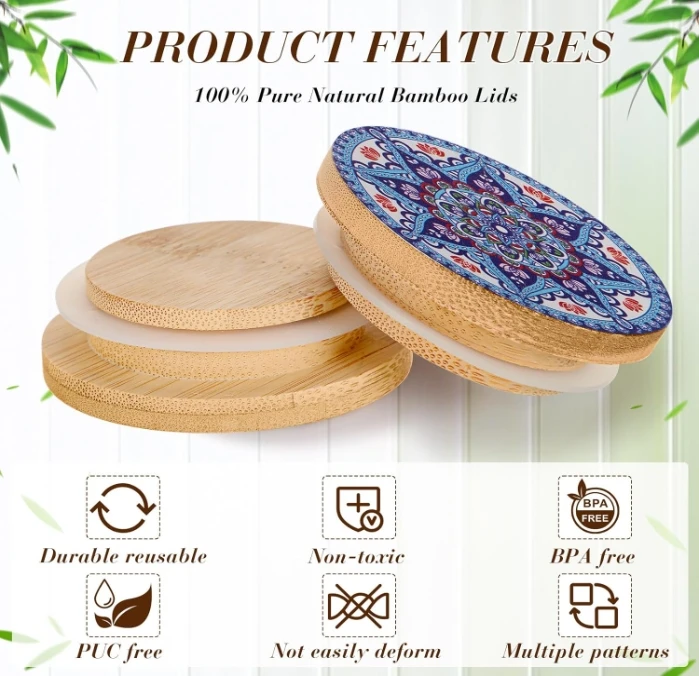 W460 Yogurt Jar Lids Reusable Bamboo Mandala Pattern Lids with Silicone Sealing Rings
