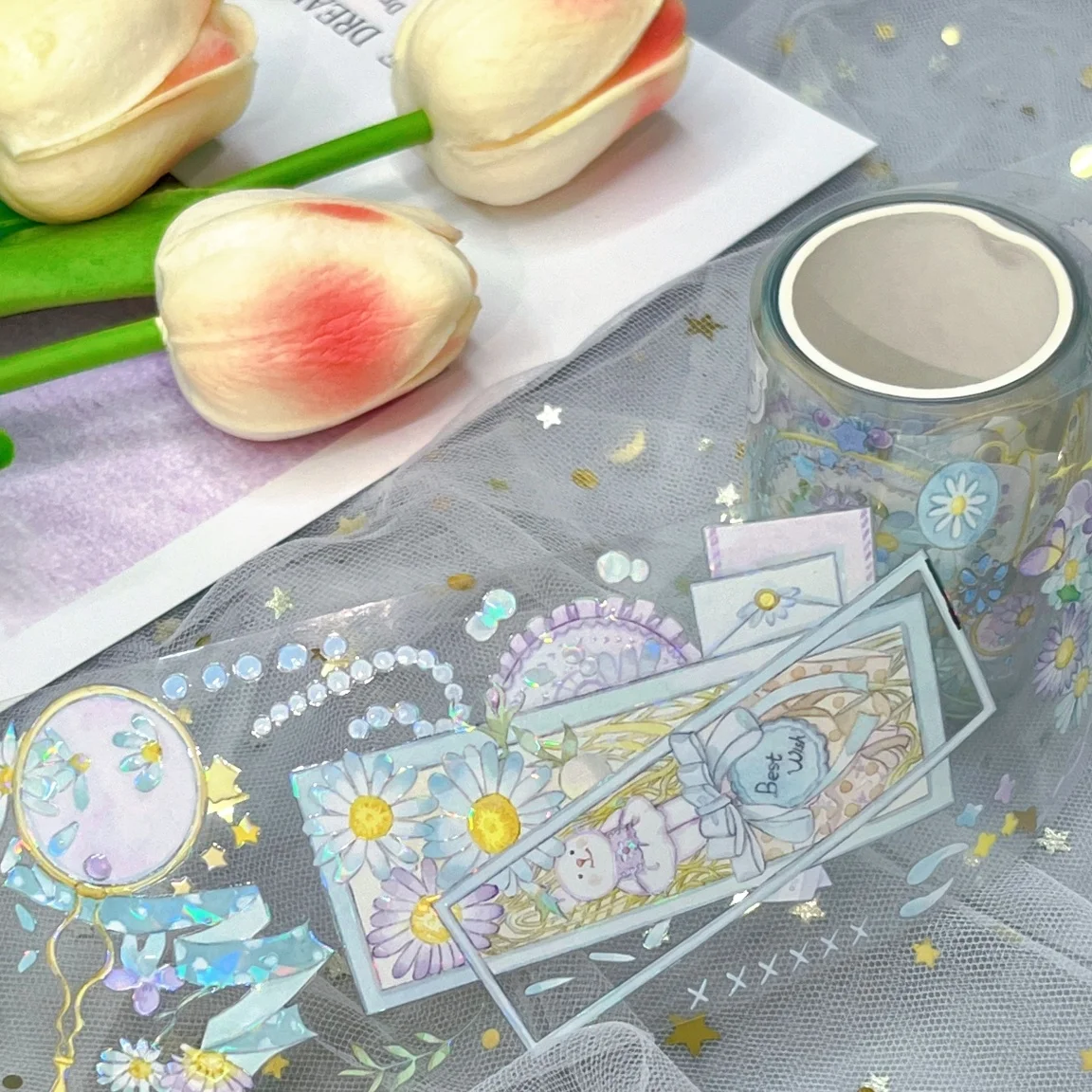 Donghong customized designs beautiful holographic foil flower PETwashi tape set for planner