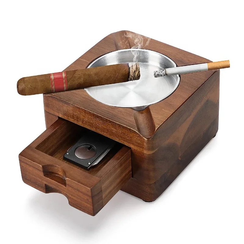 Indoor Outdoor Patio Home Office Personalized Cigar Gifts Men Cigar Accessories Wooden Square Ashtray with Cigar Holder