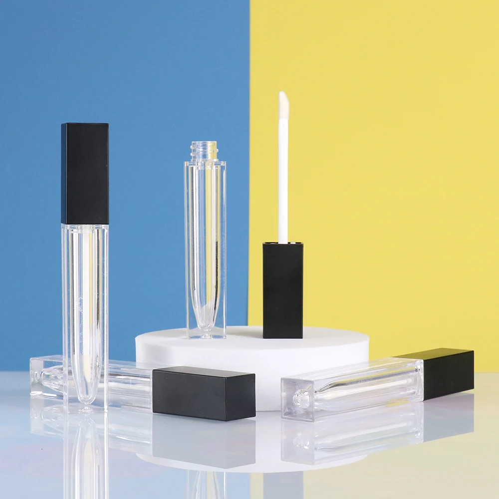 Cheapest Big Black Square Lipstick Tube With Brush Aluminium Plastic Cosmetic 10ml Empty Lip Gloss Tube with Brush Applicator