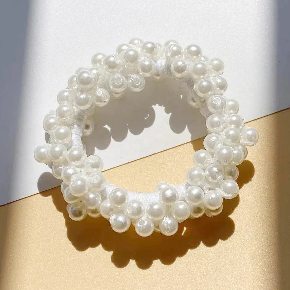 Women girls fashion crystal rhinestones scrunchie elastic rubber band hair tie accessories pearl scrunchies