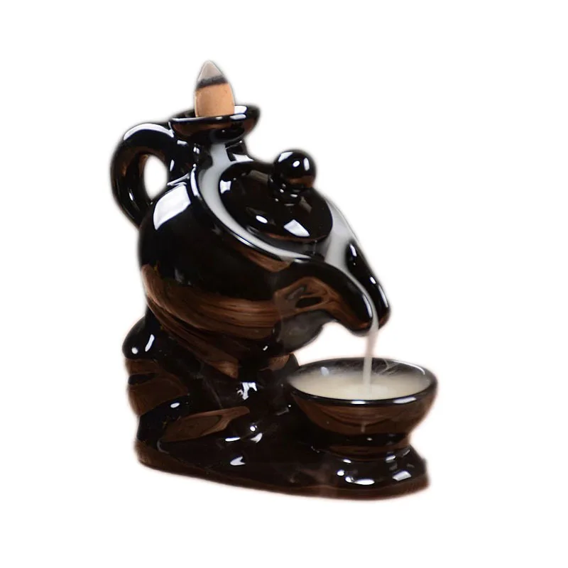 Hot sale ceramic fresh air coffee pot backflow burner, black teapot incense waterfall burner holder wholesale