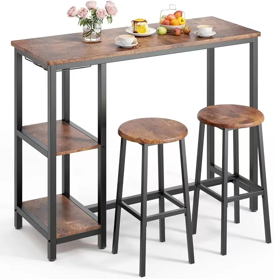 Bar Table and Chairs Set for with 2 Storage Shelves and Glass Holder for Living Room Dining Room