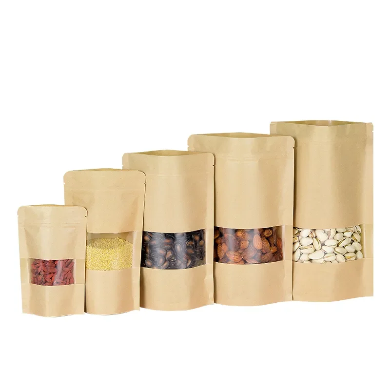 Bio Degradable Kraft Paper Ziplock Bag Moisture-Proof Stand up Pouches Coffee Gravure Printing Window Display Customizable Logo