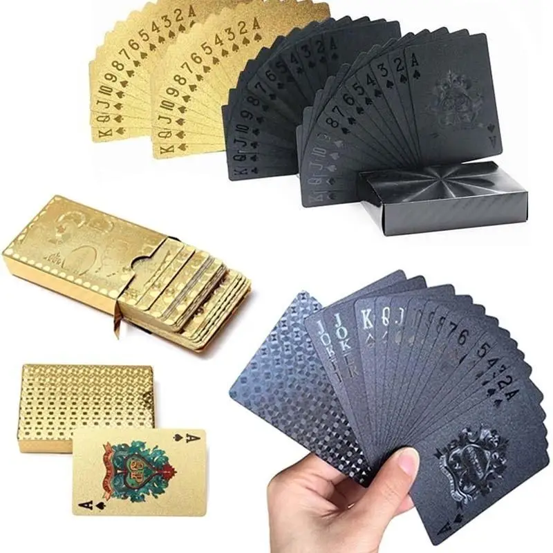 Fancy Table Games Deck Gift Durable Waterproof Plastic Black Playing Cards Golden Poker 24K Gold Foil Plated Playing Cards