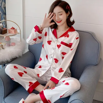 
Spring and autumn pajamas ladies cardigan simulation silk home service suit Oversized pajamas 