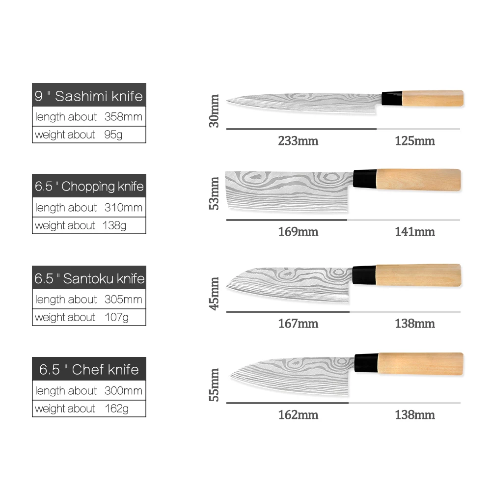 Hot Sale 4pcs Stainless Steel Sushi Japanese Chefs Knives Wood Handle Laser Damascus Pattern Sashimi Fish Fillet Deba Knife Set