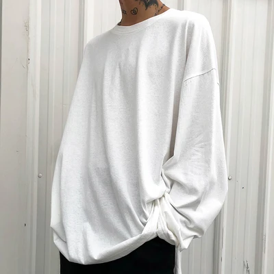 
Breathable 100% Cotton Oversized White T shirt Men O Neck Long Sleeve Spring Hiphop Fashion Tops Tee Split Hem TShirts For Men 