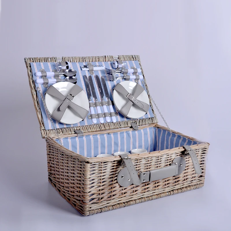 Wholesale Handmade Food Fruit And Vegetable Storage Woven Wood Wicker Willow Picnic Baskets For 4 Person