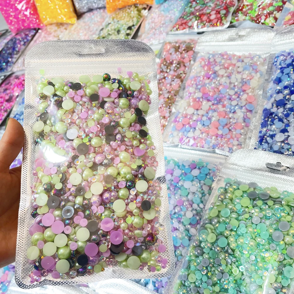 WHATSTONE Color Mix Half Round Flat Back Pearls Resin Rhinestones Customized 150g/4500pcs Mix Sizes Trade Assurance D & G Shoes