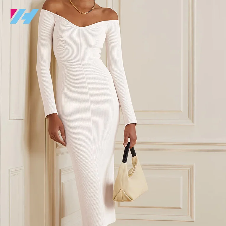 Autumn Winter Lady Elegant Women Clothing Casual Sexy Off Shoulder Knitted Long Midi Sweater Bodycon Dresses