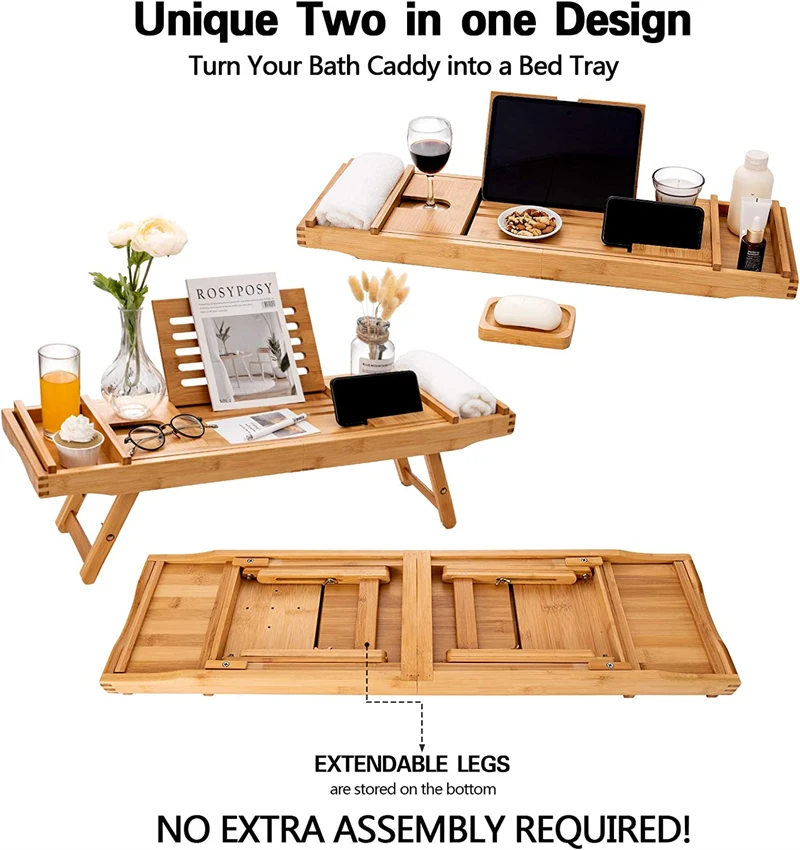 Wholesale Natural Bamboo Luxury Bathtub Caddy Tray with Extending Sides and Foldable Legs