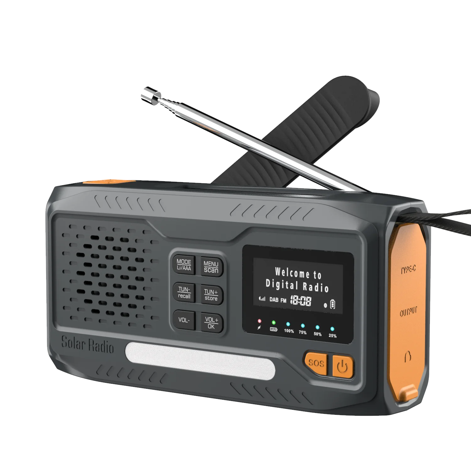 2000mAh Portable Power Bank Smart Phone Charr Emerncy Hand Crank DAB Radio LED Flashlight DAB+/FM Speaker Made Plastic Material