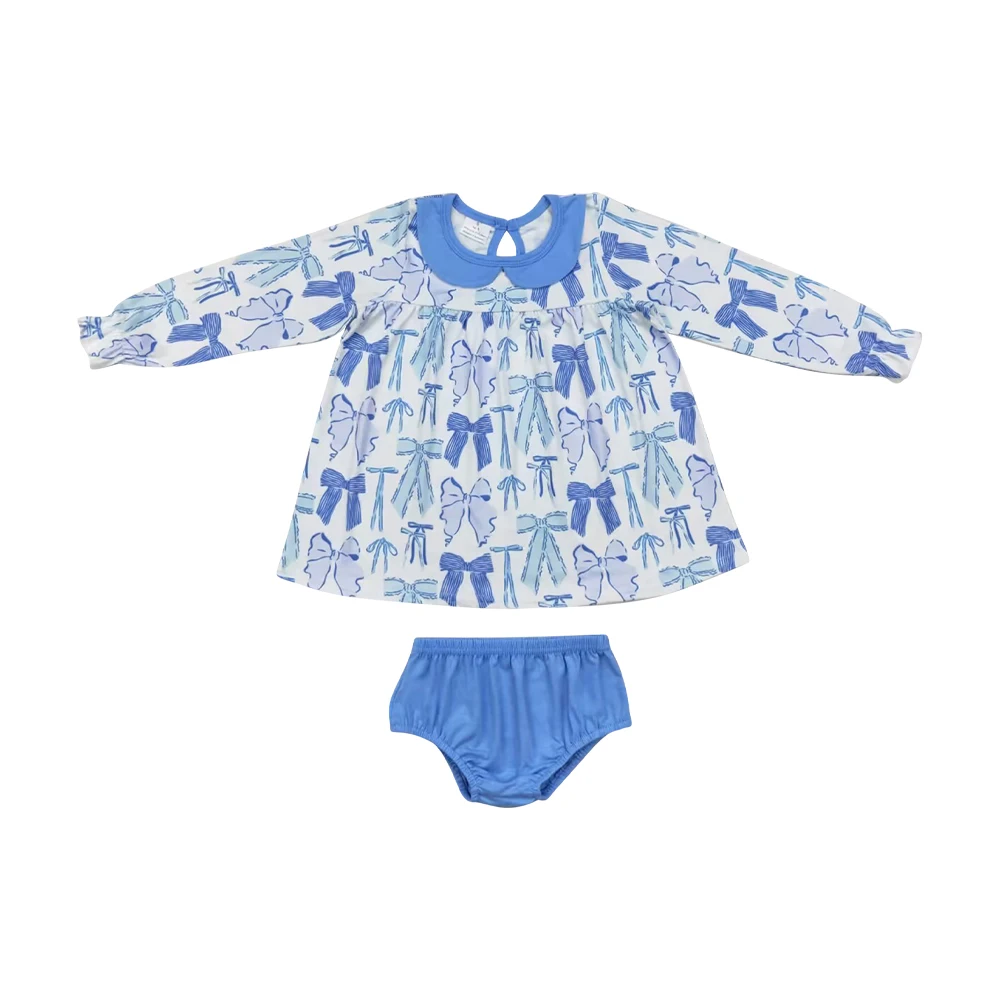 Blue Bows Tunic Top Shorts Baby Girls Fall Bummie Sets Wholesale RTS Boutique Outfits Kids Clothing