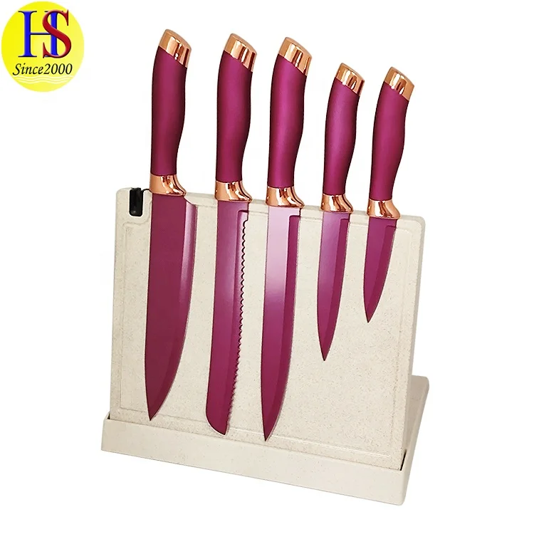 Набор кухонных ножей из нержавеющей стали с цветной ручкой и подставкой