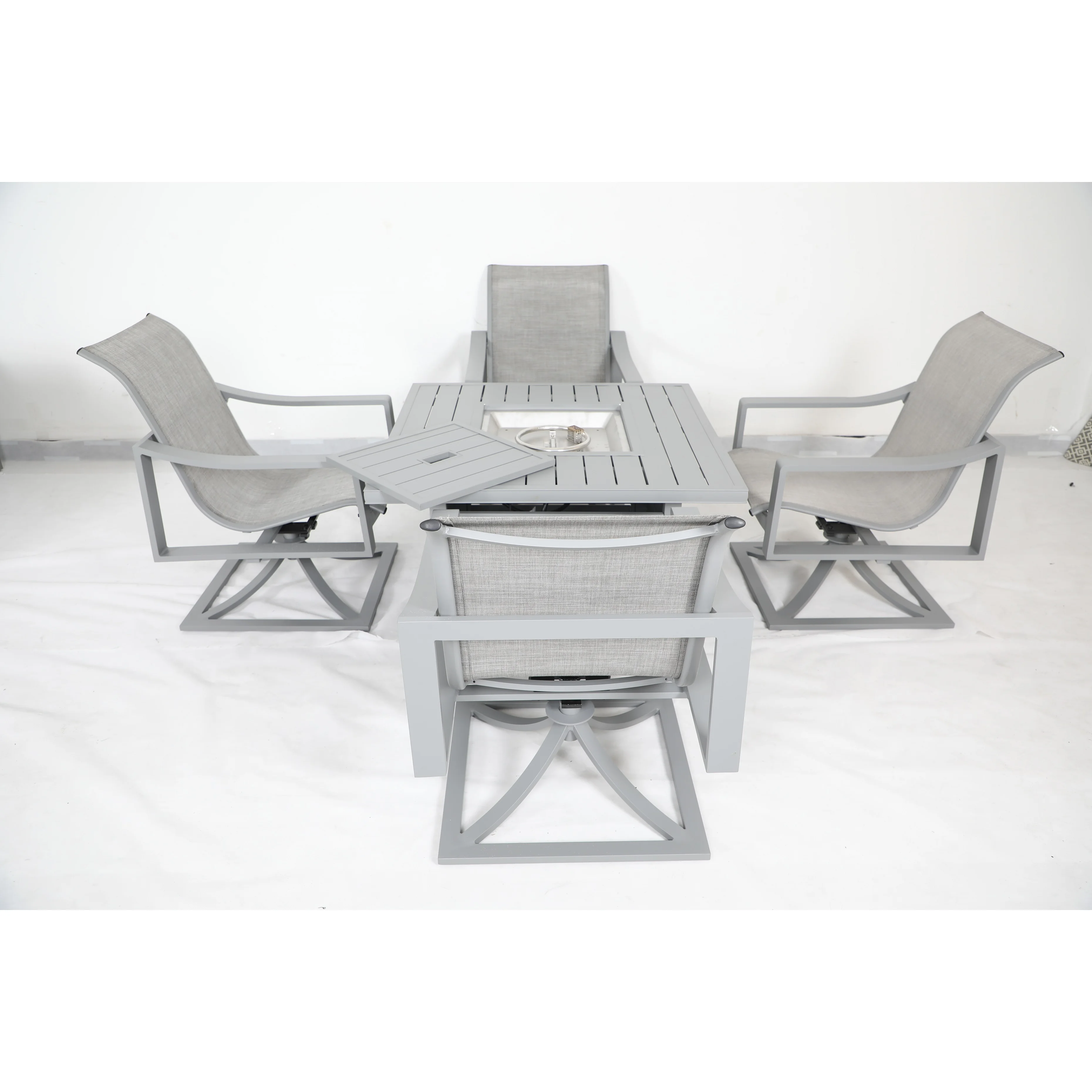 Aluminium Frame Outdoor furniture Competitive Price Quality Guaranteed Sling Swivel Chair  and Firepit Table Outdoor Patio Garden Sets