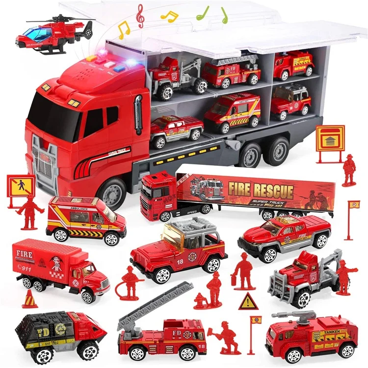 Cute Stone 28 In 1 Fire Trucks Friction Toy Vehicles With Sound & Light 10 Mini Fire Trucks Included Toy Cars for Kids