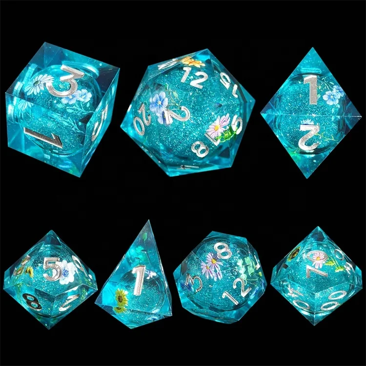 Premium Polyhedral Sharped Edge Quicksand Liquid Core Blue Fire Resin Dice for DND