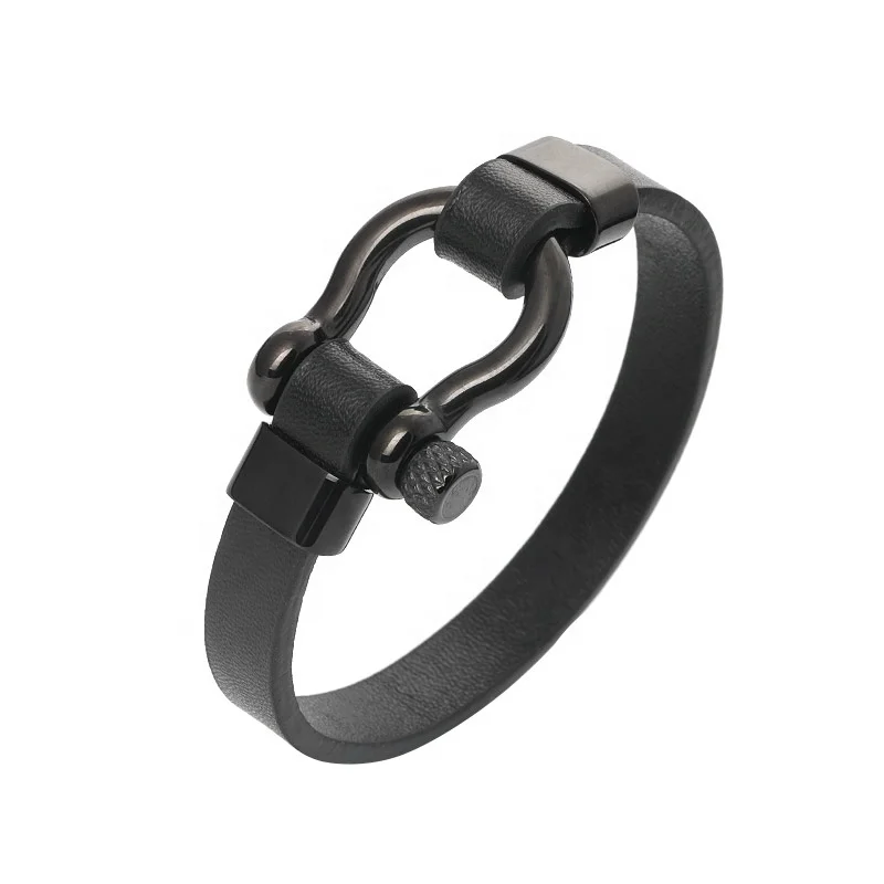 Punk Style Design  jewelry stainless steel  Horseshoe Buckle bracelet for men leather metal