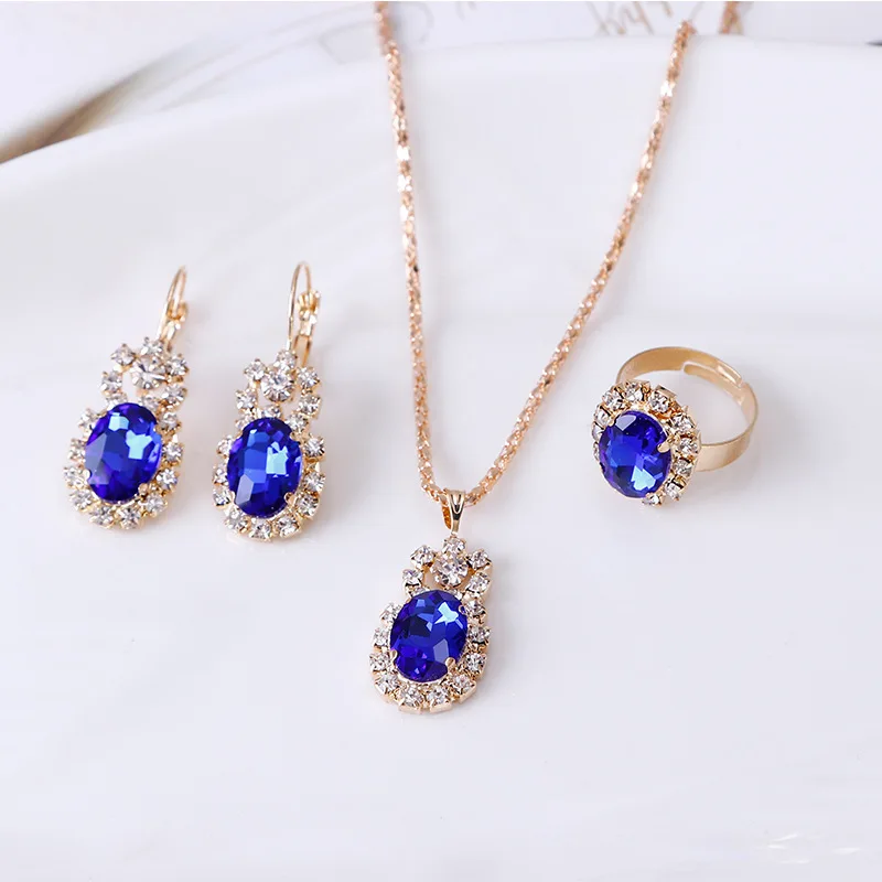 2022 Hot Sale Oval Gemstone Claw Chain Set Crystal Necklace Earring Ring Wholesale Three Piece Set