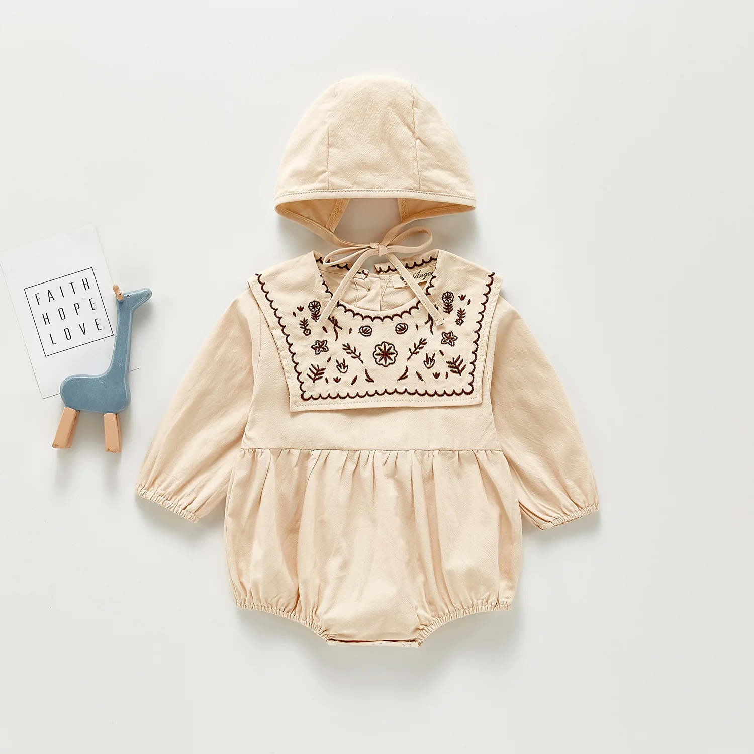 fashion Plain Embroidery Cute Sweet Style Soft Cotton Long Sleeve Baby Girls Romper Toddler Clothes With Hats