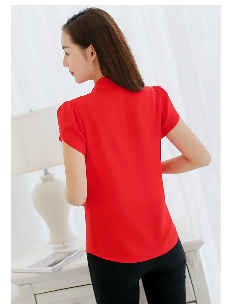 Summer Women Chiffon Blouse Short Sleeve Red Ladies Office Ladies Shirts Plus Size Work Top Plus Size Casual Female Clothin