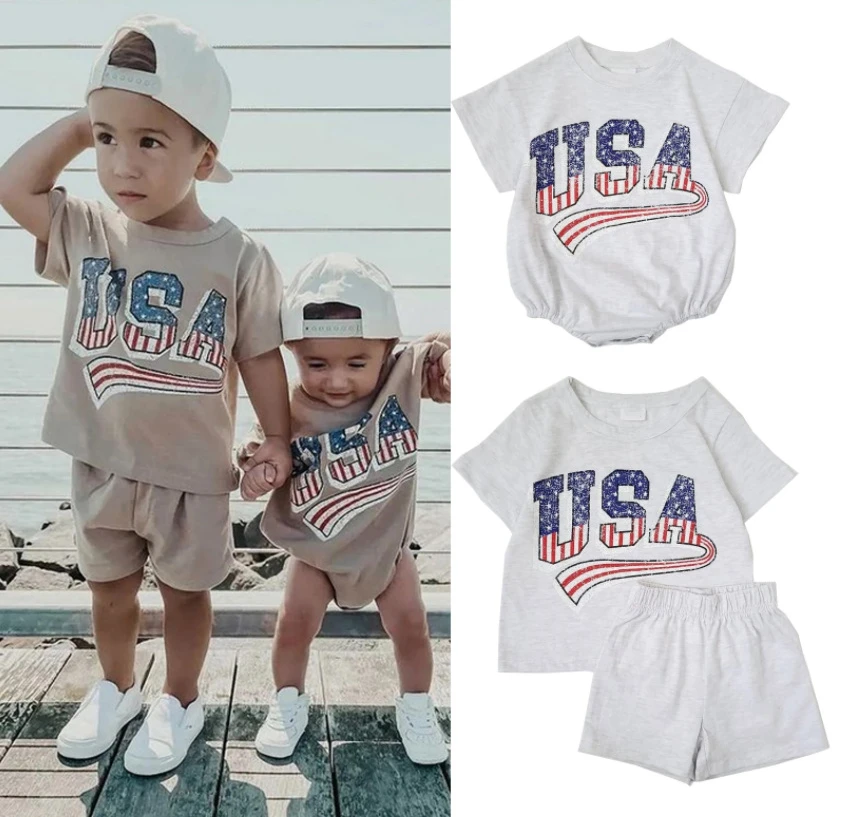 Fashion Newborn Baby Boys Girls Independence Day Romper 0-24M Letter Printed Short Sleeve Sweatshirt Jumpsuits