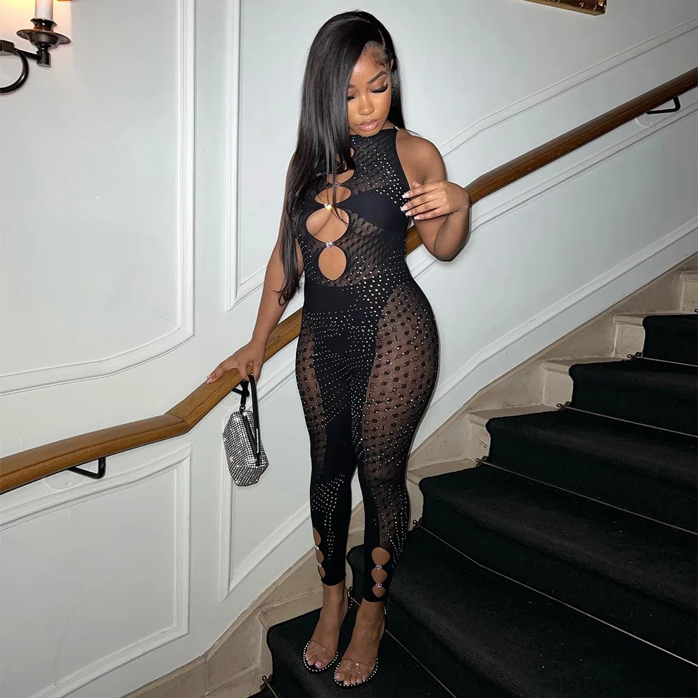 Wholesale new arrivals 2022 ladies o neck hollow out patchwork rhinestone flash mesh see through sexy jumpsuit