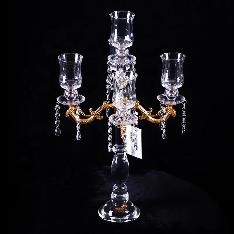 Wholesale classic metal gold arms crystal candle holders glass candelabra 5 lights with chimney for event table decorations