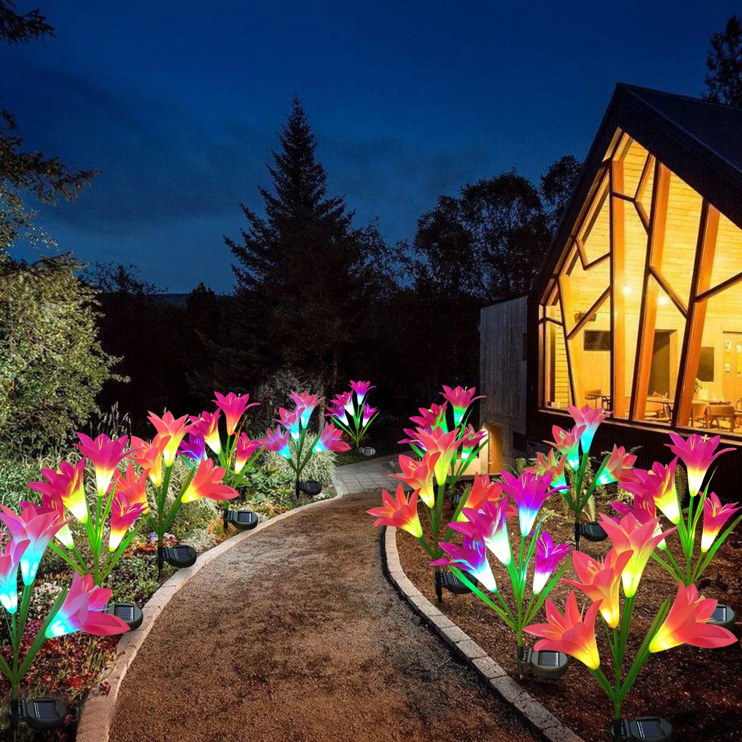 Outdoor Waterproof LED Solar Lily Lantern RGB Decorative Warm White Stainless Steel Body IP65 Christmas Style Patio Landscape